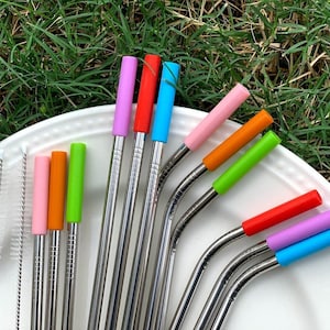 3x Stainless Steel Metal Drinking Straw Straws Bent Reusable Washable w/ Brushes 