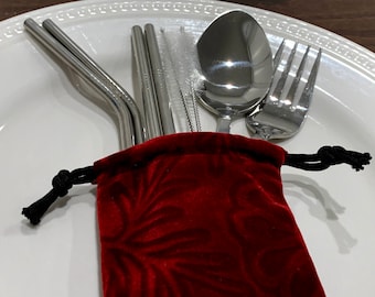 Travel Cutlery Set - Zero Waste Utensils and bag - Eco - Friendly, Reusable, Portable Stainless Steel Flatware & straws.