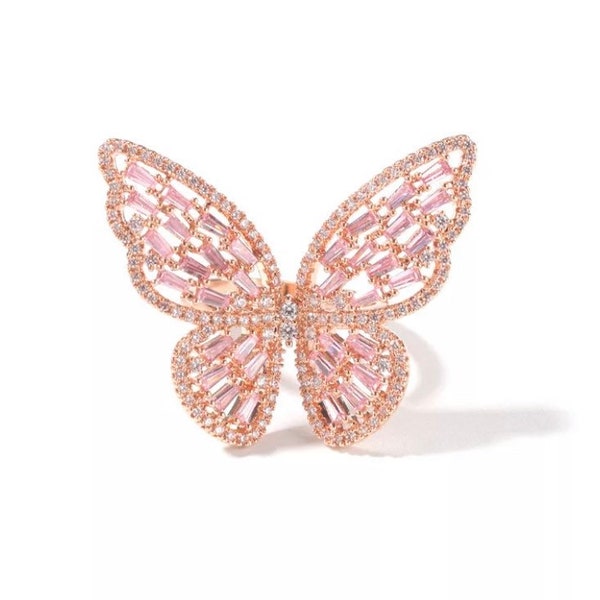 Rose Gold Cubic Zirconia Butterfly Ring with Sparkling Cherry Blossom Crystal