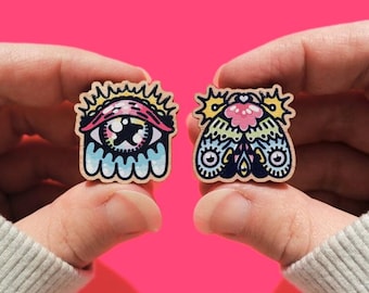 Rainbow Wooden Pins - Individual or Set | Mini Eco Moth / Eye Pin Accessory