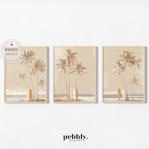 Abstract Coastal Set of 3 Prints, Neutral Palm Tree - Surfboard Wall Art, Beige Beach House Decor, Minimalist Tropical Art Prints, Beige Art
