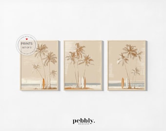 Abstract Coastal Set of 3 Prints, Neutral Palm Tree - Surfboard Wall Art, Beige Beach House Decor, Minimalist Tropical Art Prints, Beige Art