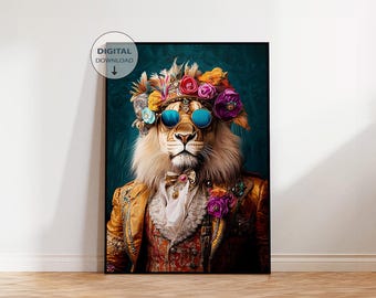 Lion Maximalist Animal Art Print, Dressed Animal Print, Animal Art, Animal Art portrait, Vintage Art, Bold Animal Portrait, Colorful Art