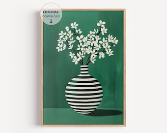 Druckbare Kunst: Grüne, gestreifte Blumenvase – Abstrakte botanische Blumenillustration, digitales Wandbild zum Download, minimalistisches botanisches Poster