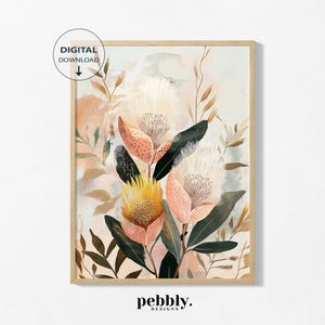 Floral Essence - Australian Native Flower Illustration, Botanical Wall Decor, Nature-Inspired Floral Artwork, Banksia Stems.