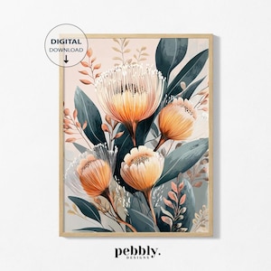 Banksia Delight - Australian Native Flower Illustration, Botanical Wall Decor, Nature-Inspired Floral Artwork, Banksia Stems.