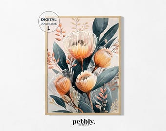 Puede incluir: Una impresión digital de una ilustración floral con un ramo de flores naranjas y blancas con hojas verdes sobre un fondo rosa claro. La impresión está enmarcada en un marco de madera claro.
