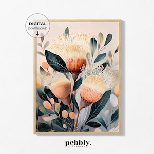 Banksia Blooms - Australian Native Flower Illustration, Botanical Wall Decor, Nature-Inspired Floral Artwork, Banksia Stems.