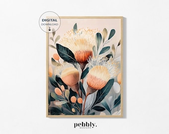 Puede incluir: Una descarga digital de una impresión floral con tres flores grandes de color crema con centros rosados y hojas verdes sobre un fondo rosa claro.