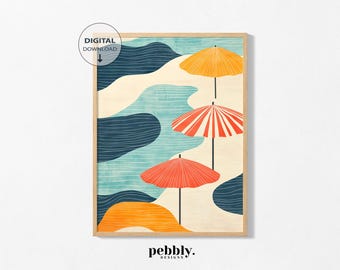 Beach Umbrellas Artwork, Coastal Wall Decor Illustration, Nautical Summer Beach Scene,Ocean Holiday Printable Art for Coastal Home, Download