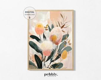 Puede incluir: Una descarga digital de una impresión floral con flores rosas y amarillas con hojas verdes sobre un fondo melocotón. La impresión se titula "pebbly. designs".