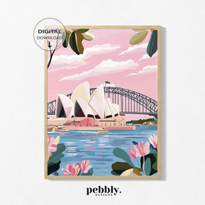Sydney, Australië. Minimalistische kunstwerken met de iconische bezienswaardigheden van de stad, waaronder het Sydney Opera House en de Sydney Harbour Bridge.
