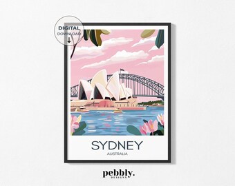 Sydney Australia Poster. Minimalist artwork showcasing iconic landmarks, including the Sydney Opera House and the Sydney Harbour Bridge.