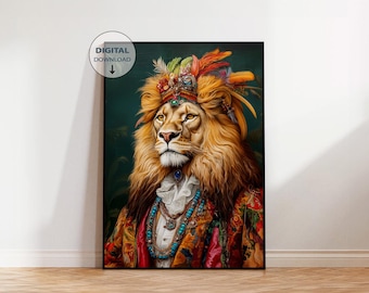Lion Maximalist Animal Art Print, Dressed Animal Print, Animal Art, Animal Art portrait, Vintage Art, Bold Animal Portrait