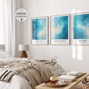 Ocean Wall Art Set of 3, Coastal Triptych Prints, Aerial Beach Art, Sea Wall Decor, Beach House Art,  Digital Download, Printable Wall Art