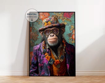 Impresión de arte maximalista de chimpancé, impresión de animal vestido, arte animal, retrato de arte animal, arte vintage, retrato de animal colorido