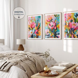 Vibrant Florals – Set of 3 Prints, Colorful Flower Print, Maximalist Wall Art, Abstract Flower Print, Abstract Wall Art, Bright Art Print