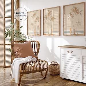 Set of 3 - Abstract Coastal Printables, Neutral Palm Tree-Surfboard Wall Art, Beige Beach House Decor, Minimalist Tropical Art, Neutral Art