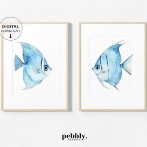 Set of 2- Blue Fish Watercolour Printable Wall Art, Soft Coastal Ocean Decor in Light Blue Shades, Minimalist Sea Life Art, Digital Download