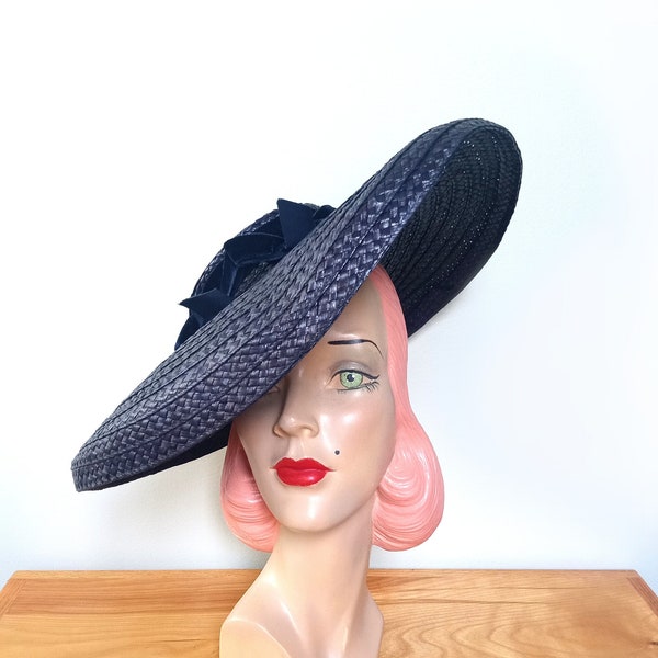 Vintage 1940's Navy Wide Brim Straw Hat~ New York Creation