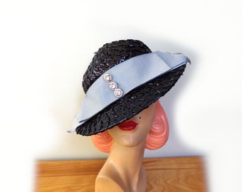 Vintage 1930's Straw Tilt Hat w/ Light Blue Grosgrain~ Gage