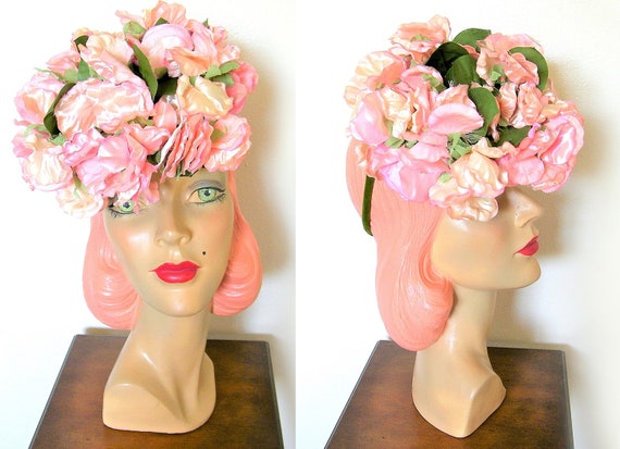 Vintage 1940's Pink Floral Tilt Hat w/Chignon Ring