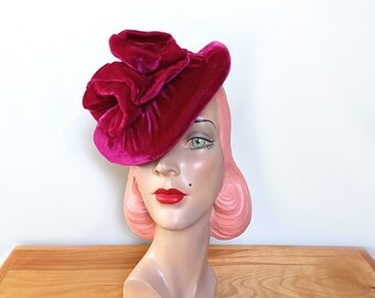 Vintage 1940's Raspberry Velvet Tilt Hat