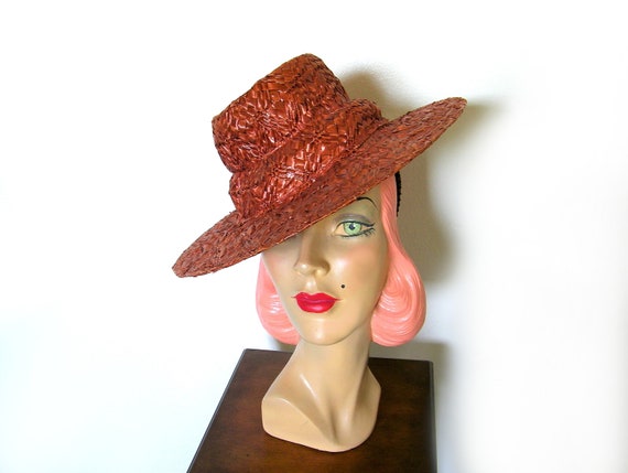 Vintage 1930's/40's Copper Straw Tilt Hat~