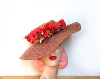 Vintage 1940's Wide Brim Straw Hat ~