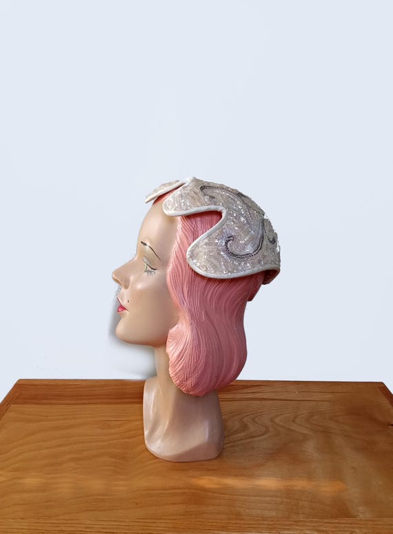 Vintage 1950's Ivory Sequin Half Hat/ Cocktail Ha… - image 4