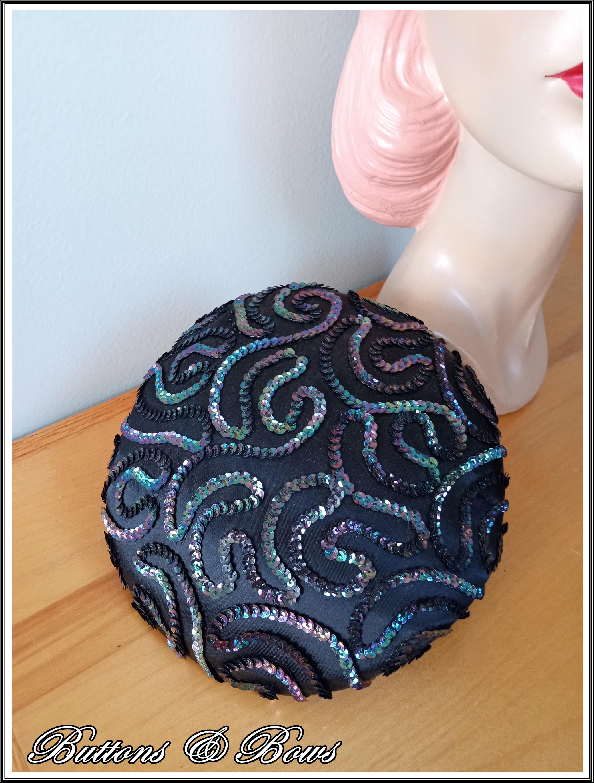 1950s True Vintage Black Cocktail Band Hat Completely Covered With Sequins Vintage 1950s Black Sequin Cocktail Hat With Rhinestone  main image 3