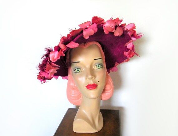 Vintage 1960's Fuchsia Floral Platter Hat~