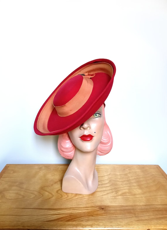 Vintage 1940's Red Felt Breton Tilt Hat ~