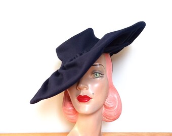 Vintage Ruth Kropveld Chapeau Creations Navy Organza Bow Occasion Hat‎ w Tag Vintage Navy Hat With Wide Brim and Dramatic Organza Loops  main image 2