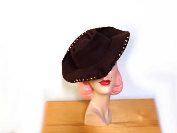 Vintage 1940's Dark Brown Felt Tilt Hat w/Studs~ - image 1