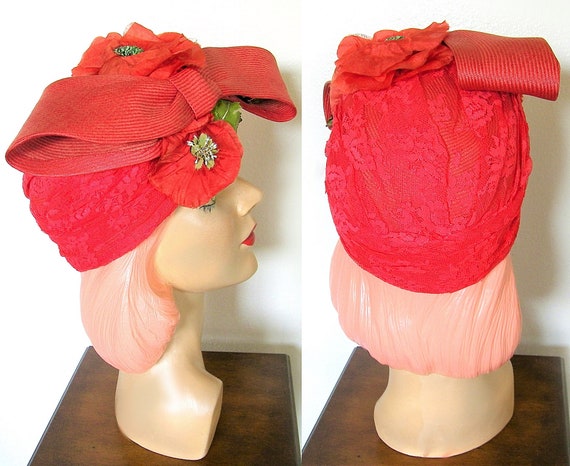Vintage 1940s Red Straw Floral Turban/ Skull Cap~