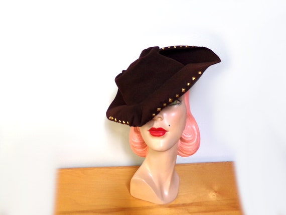 Vintage 1940's Dark Brown Felt Tilt Hat w/Studs~ - image 2