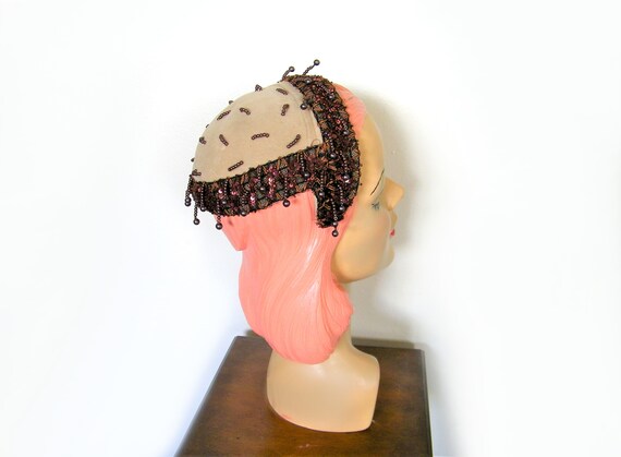 Vintage 1950's Beige Beaded Cocktail Hat/ Half Hat