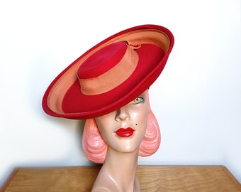 Vintage 1940's Red Felt Breton Tilt Hat ~