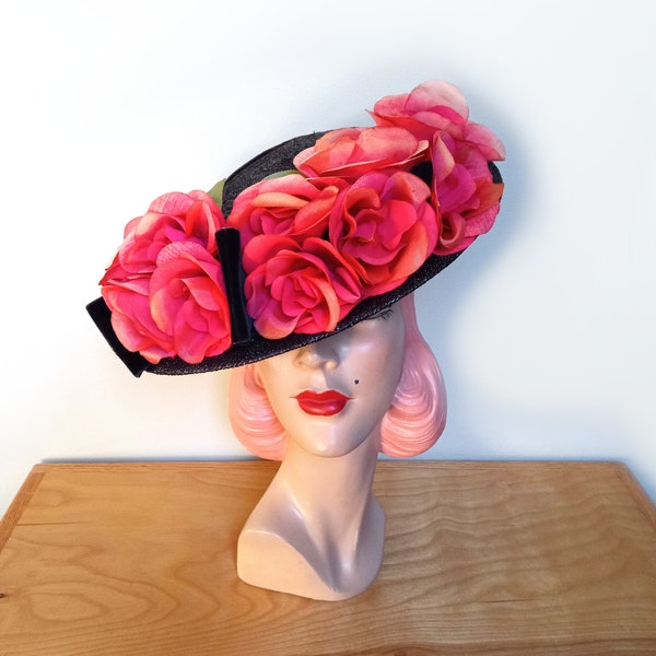 Vintage 1940's Floral Navy Straw Tilt Hat~