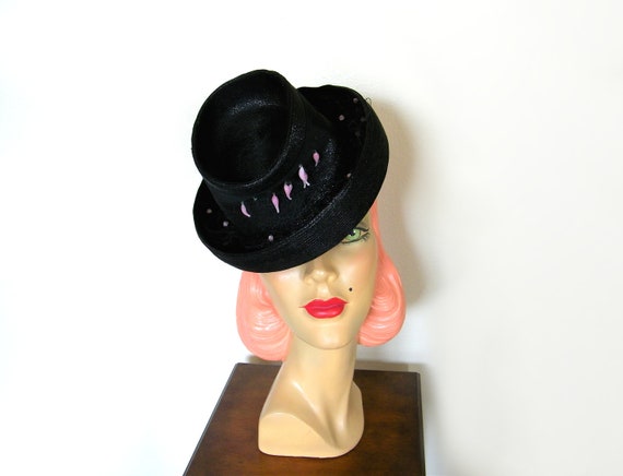 Vintage 1940's Black Straw Toy Tilt Hat~