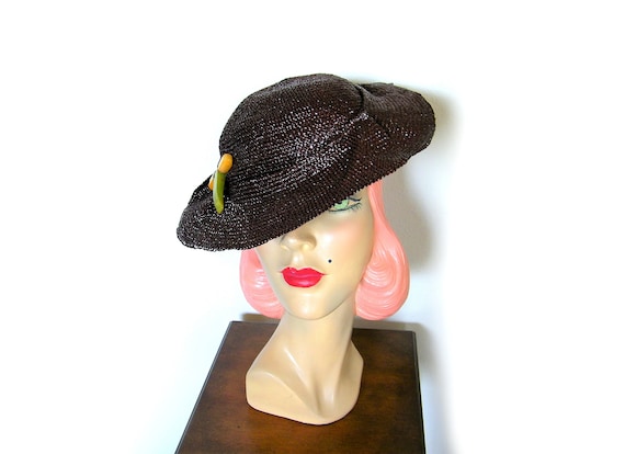 Vintage 1930's Brown Straw Tilt Hat~