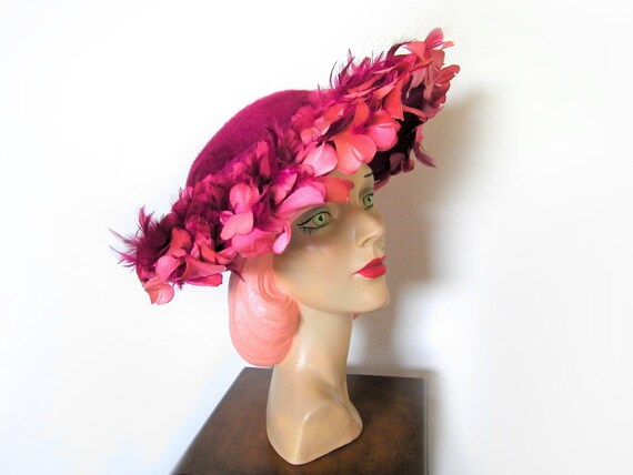 Vintage 1960's Fuchsia Floral Platter Hat~