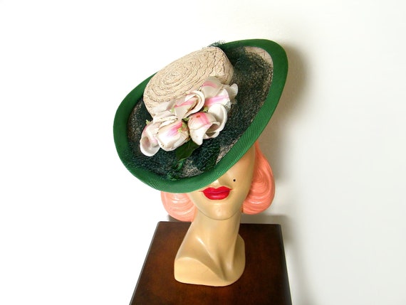 Vintage 1940's Green Floral Tilt Hat~ New York Cre