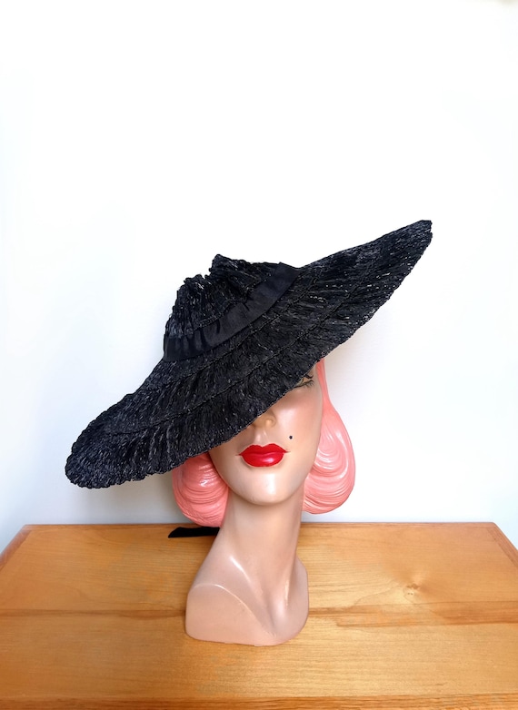 Vintage Black Straw Wide Brim Hat Vintage Designer Black Straw Wide Brim Straw Hat Large Bow  main image 3