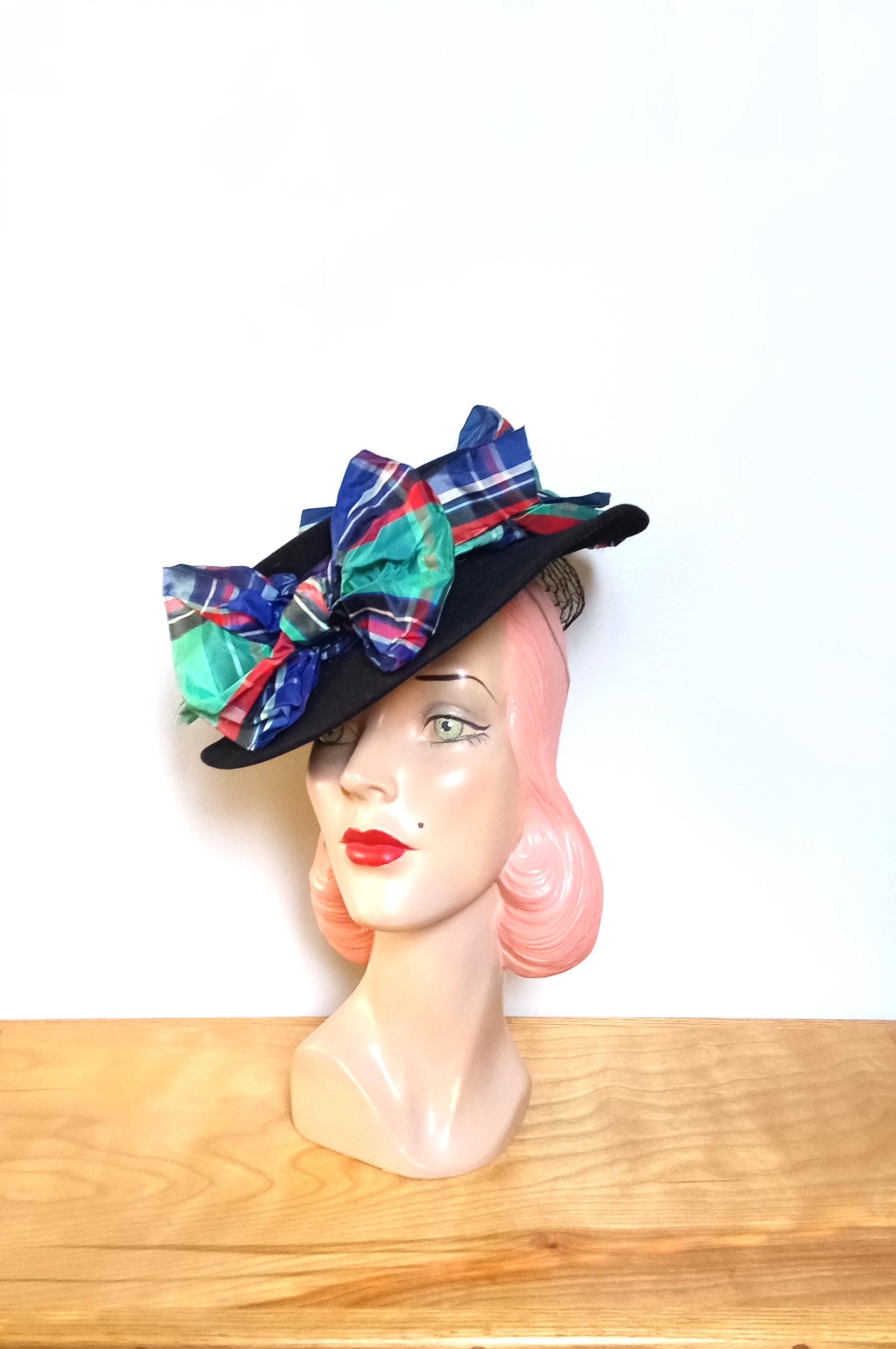 FABULOUS 1940S\' BLACK TILT hat + RED TOPSTITCHING & BACK BOW 1930s Emma Elegant Ebony Tilt Hat / Vintage 30s Black + Red  main image 2