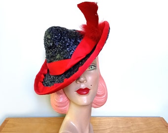 Vintage 1940's Navy Straw Tilt Hat w/ Peaked Pixie Crown~
