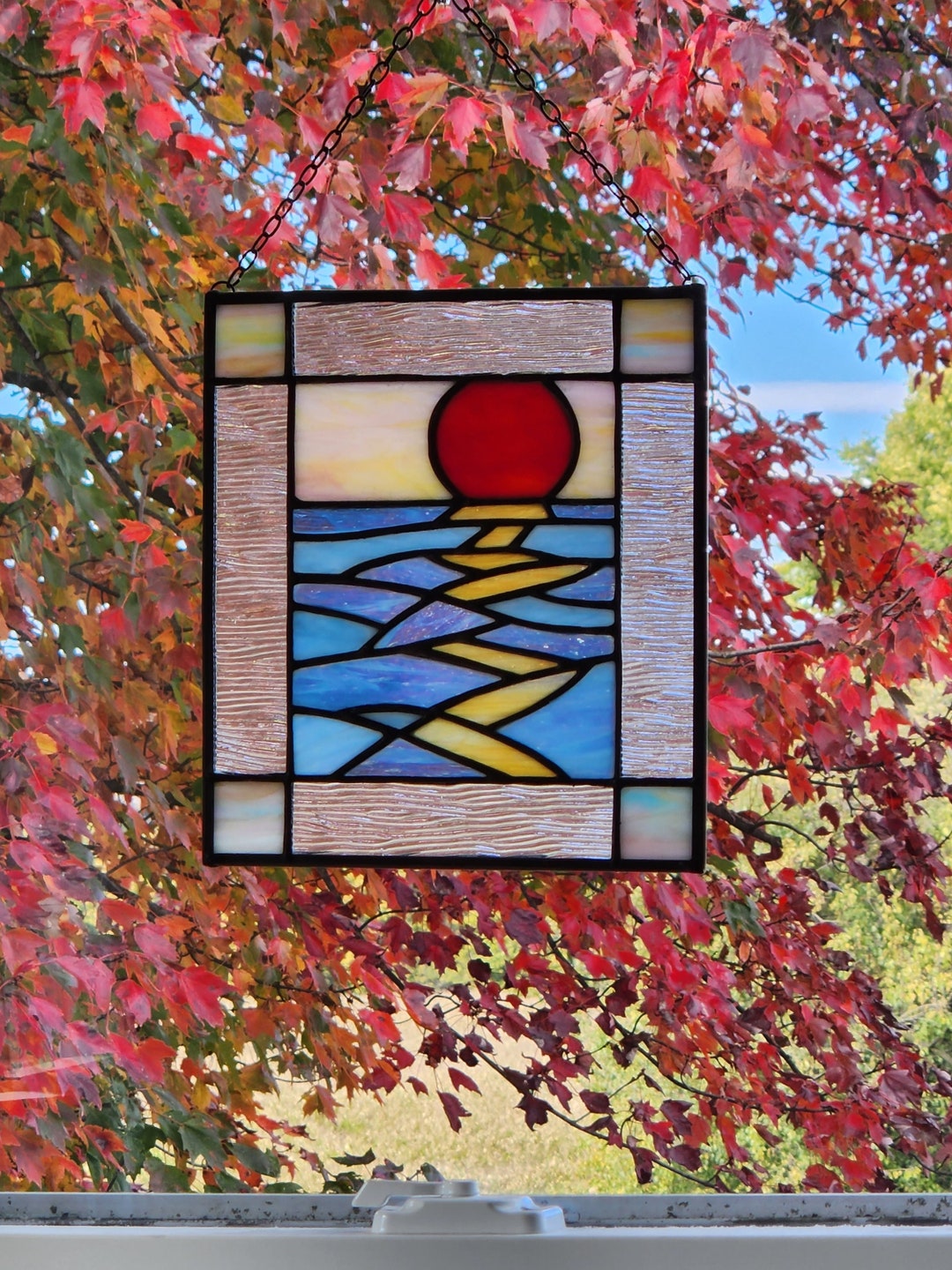 Sunset on Water Stained Glass Panel Etsy