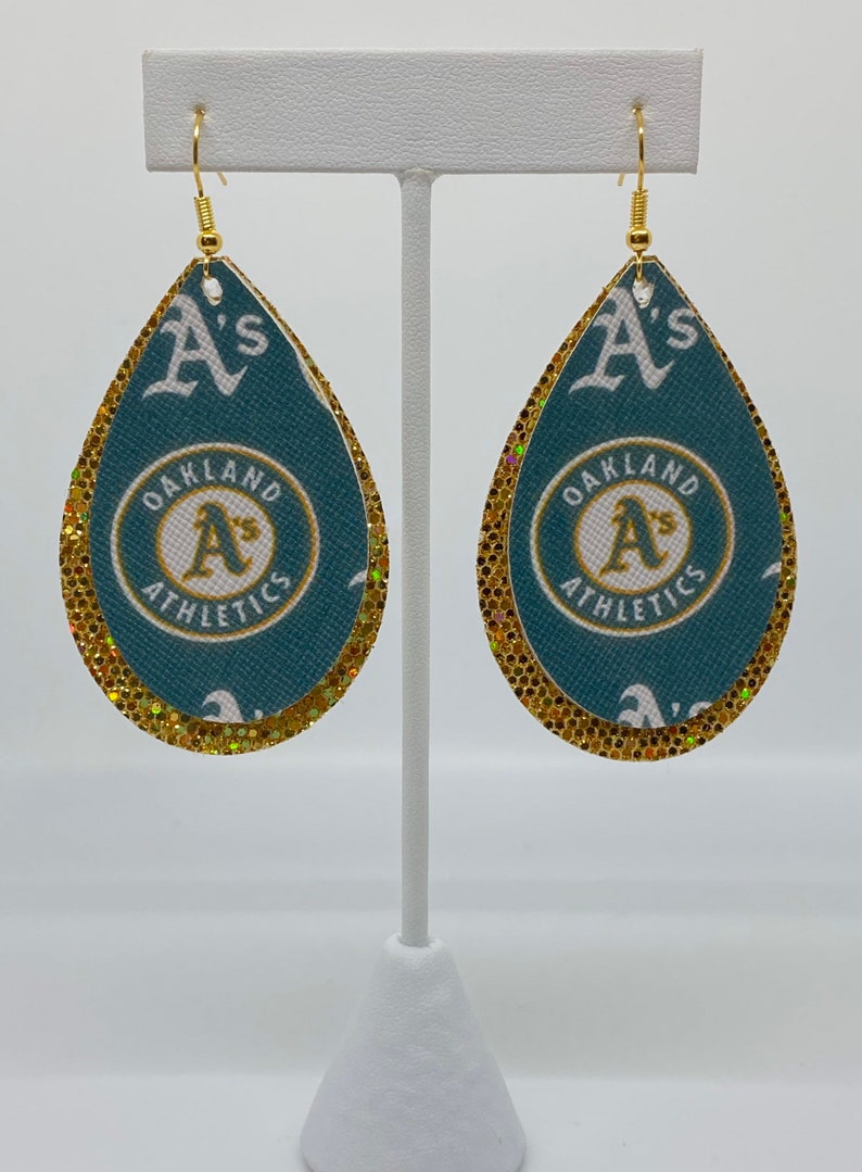 Tear Drop Layered Faux Leather Oakland A\u2019s Shimmer Earrings