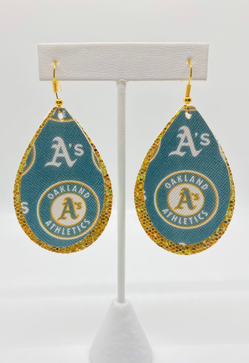 Tear Drop Layered Faux Leather Oakland A\u2019s Shimmer Earrings